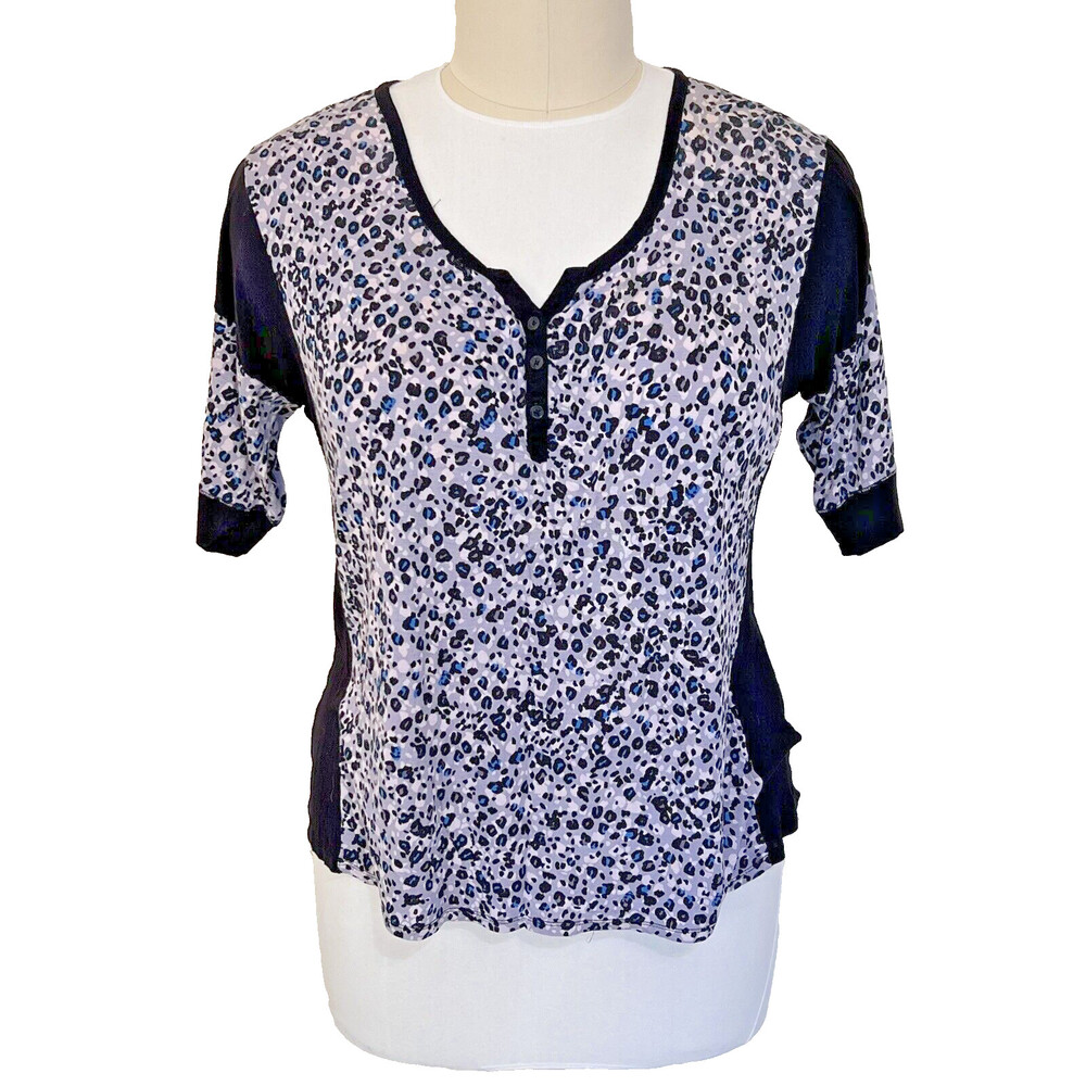 DKNY Women's L Top Black Grey Blue Cheetah Side Panel Henley Oversize Sleep